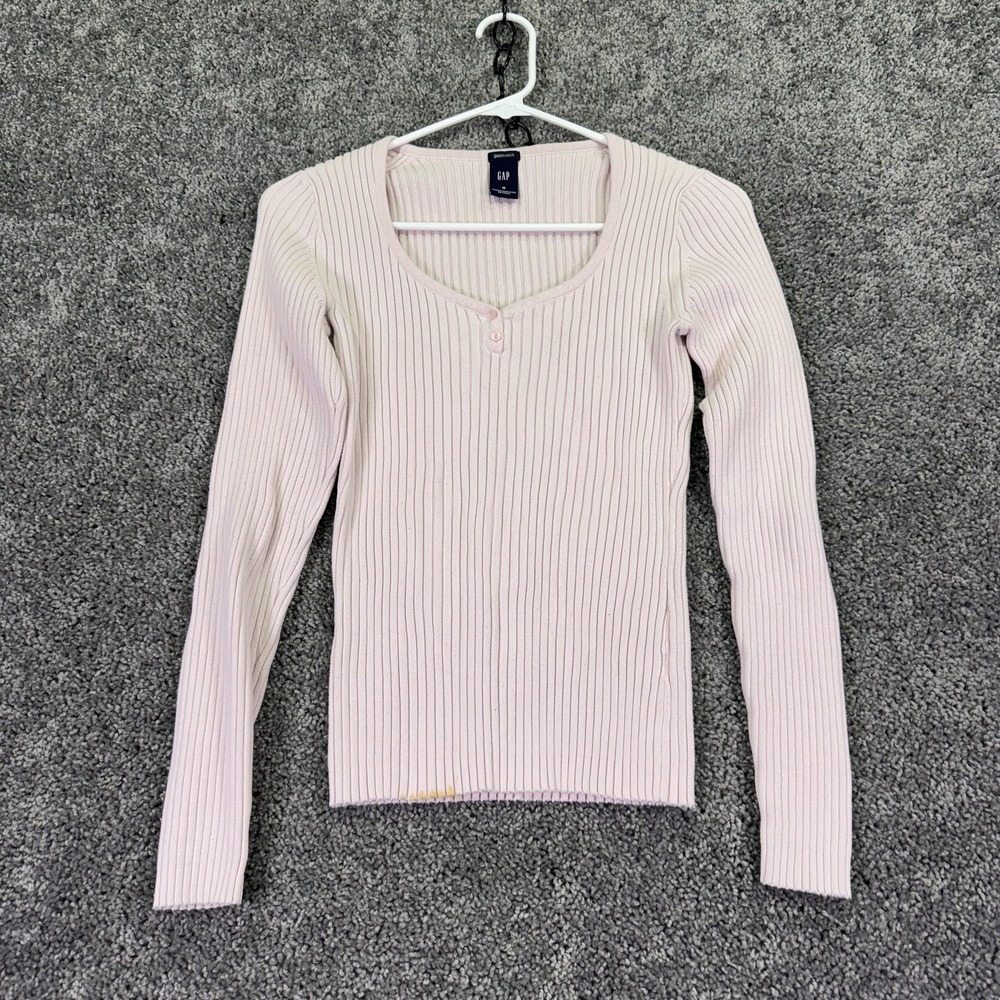 Vtg Gap Henley Shirt Womens Medium Pink Long Sleeve Ribbed Knit Stretch Casual